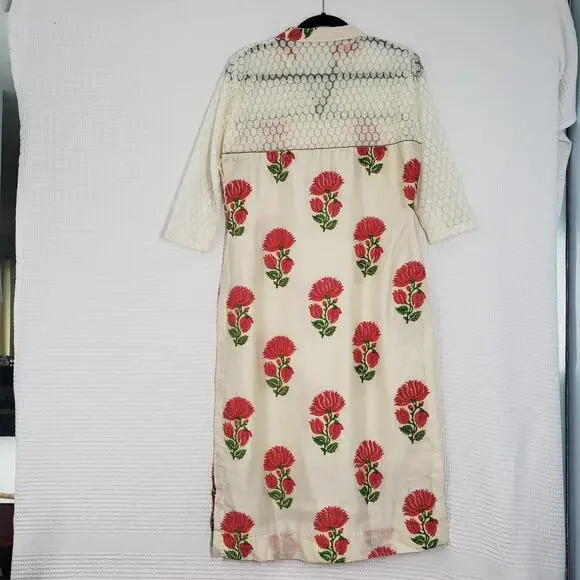 Womens Cream Kurta Top Large Lace Floral Embroidered Bohemian Straight Tunic - Picture 2 of 16